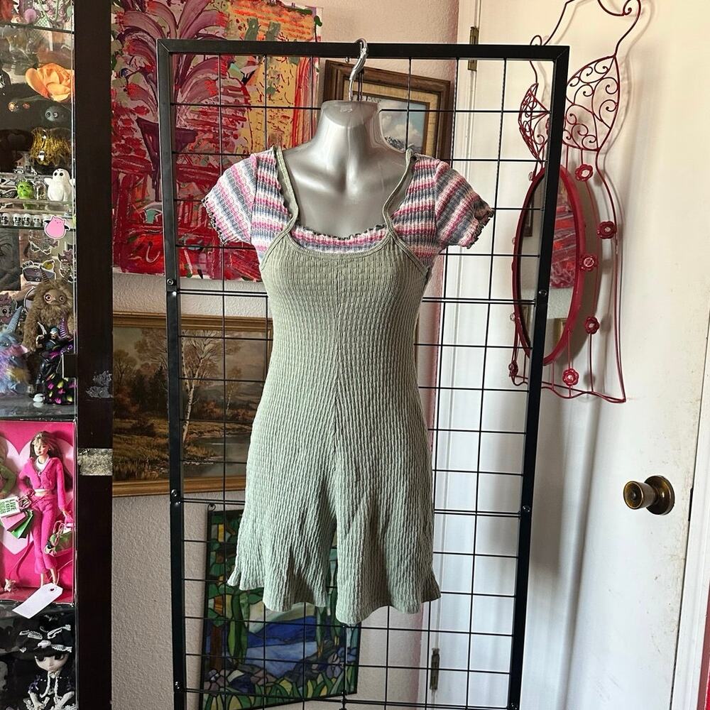carreau ribbed green short sleeve striped romper